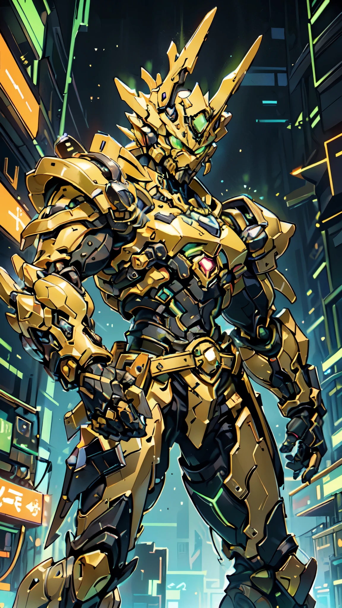 (masterpiece:1.5, best quality:1.5, extremely delicate:1.5, foreshortening:1.5, dynamic angle:1.5), a man wearing a full-face helmet, a fantasy-style biotech armored combat suit, green eyes, (a composite layered chest armor), fully enclosed shoulder guards, matching arm and leg guards, the belt is adorned with neon circuitry, (the color scheme is primarily black glow with green and red accents), the design balances heavy with agility, a high-tech bio-mecha armor, (Armor Concept Inspired by neon Cyberpunk, stand on the top of a skyscraper in a futuristic sci-fi city), this character embodies a finely crafted fantasy-surreal style armored hero in anime style, exquisite and mature manga art style, (element, plasma, energy, the armor glows), ((male:1.5)), metallic, high definition, highres, ultra-detailed, ultra-fine painting, professional, perfect body proportions, golden ratio, anatomically correct, symmetrical face, extremely detailed eyes and face, high quality eyes, creativity, RAW photo, UHD, 32k, Natural light, cinematic lighting, masterpiece-anatomy-perfect