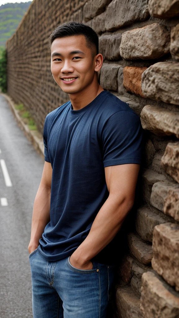 Thai man ,man,He is about 30 years old..,Rough and handsome appearance,large breastsj,Big waistline,buzz cut, angry, sullen, best quality, Masterpiece,(Have muscles:4.5),(best quality,high resolution,Masterpiece:1.2),The eyes are natural and delicate..,1 person,alone,gay asian,muscle,Long legs,brave,short hair details,conjunctivitis ,strong,brown eyes, (road background stone wall:1.5),in the market,sit (Blue T-shirt:1.5) ,Jeans ,smile