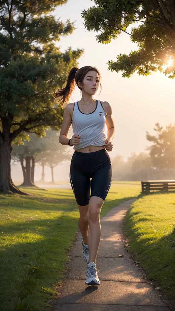 Wide shot, Lina, 27 years old, slender, casual clothes, brown hair, ponytail, blue eyes, athletic, artistic, , running, park, morning, soft light, dewy grass, trees, path, sunrise, mist.