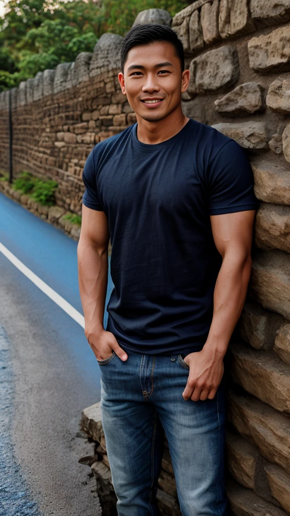 Thai man ,man,He is about 30 years old..,Rough and handsome appearance,large breastsj,Big waistline,buzz cut, angry, sullen, best quality, Masterpiece,(Have muscles:4.5),(best quality,high resolution,Masterpiece:1.2),The eyes are natural and delicate..,1 person,alone,gay asian,muscle,Long legs,brave,short hair details,conjunctivitis ,strong,brown eyes, (road background stone wall:1.5),in the market,sit (Blue T-shirt:1.5) ,Jeans ,smile