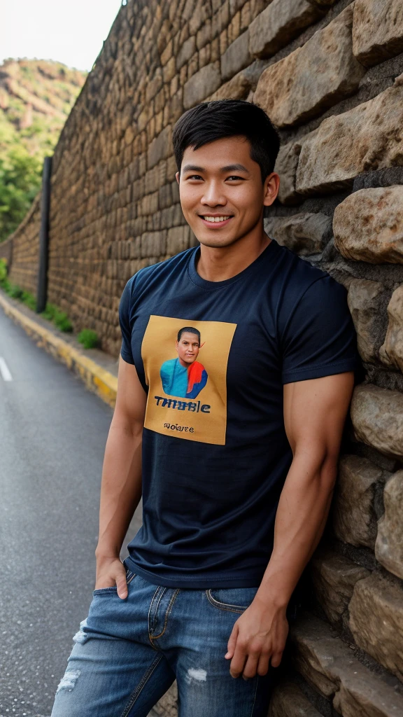 Thai man ,man,He is about 30 years old..,Rough and handsome appearance,large breastsj,Big waistline,buzz cut, angry, sullen, best quality, Masterpiece,(Have muscles:4.5),(best quality,high resolution,Masterpiece:1.2),The eyes are natural and delicate..,1 person,alone,gay asian,muscle,Long legs,brave,short hair details,conjunctivitis ,strong,brown eyes, (road background stone wall:1.5),in the market,sit (Blue T-shirt:1.5) ,Jeans ,smile