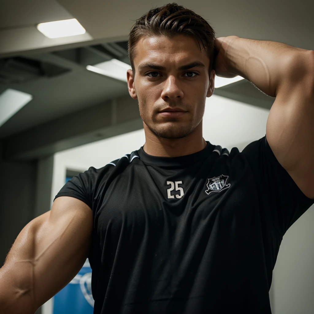 soccer man with arms crossed ((realist)) ((High Definition)) ((imposing))