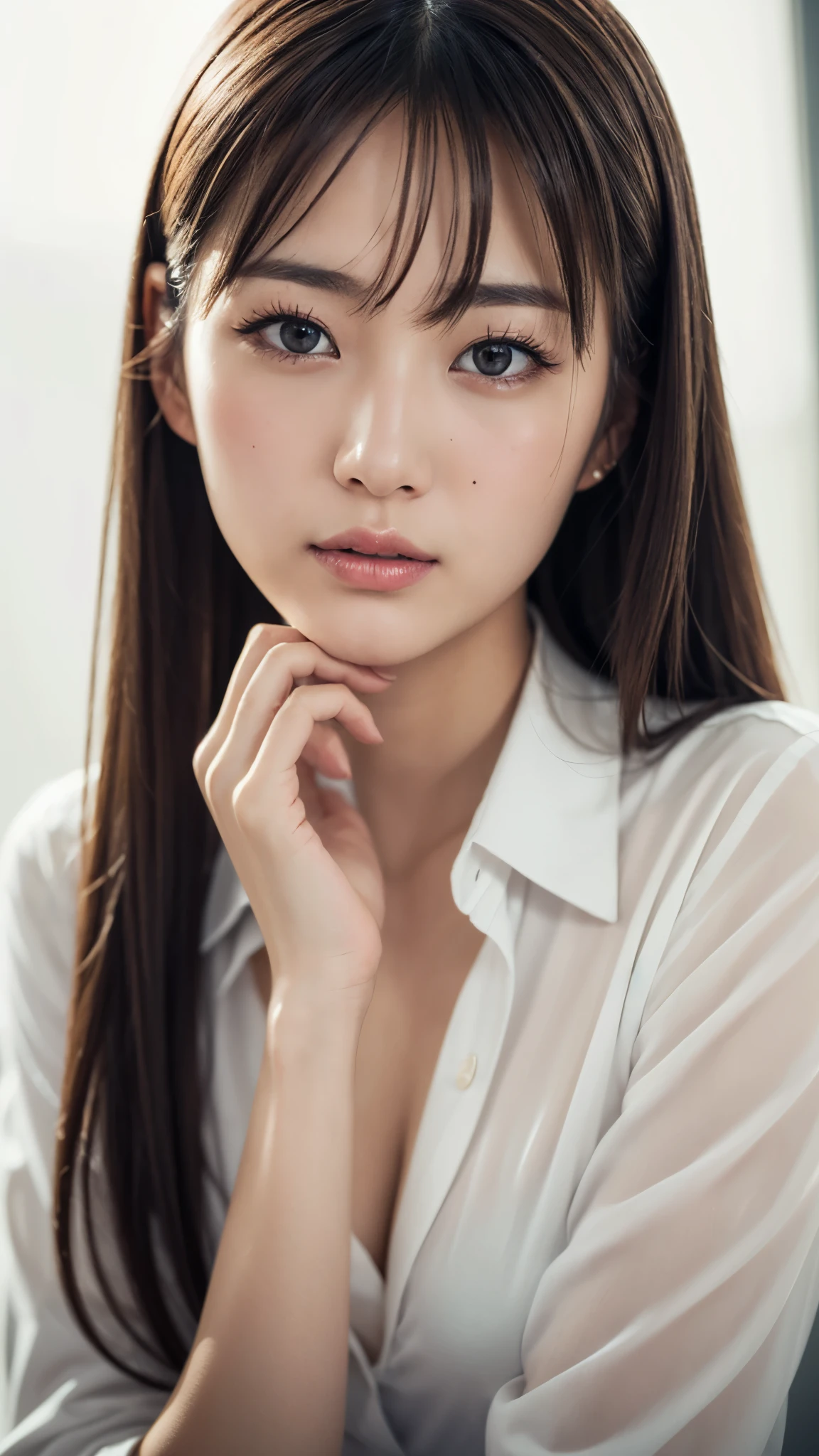 (masterpiece),(Highest quality),(Very detailed),(High resolution),(Photorealistic Stick),(RAW Photos),16K,Cinema Lighting,a close up of a woman with a white shirt on posing for a picture,Soft Portrait Photography,Beautiful Japanese Women,(Japanese gal style),Gorgeous face portrait,Eye light,Sharp pupils,Very beautiful face,(Skin Texture:1.2),Beautiful portrait,A lovely and delicate face,Beautiful young Japanese woman,Random hairstyle,Look at this,(Written boundary depth),(Sophisticated lighting:1.2),(front),(((Background is white)))