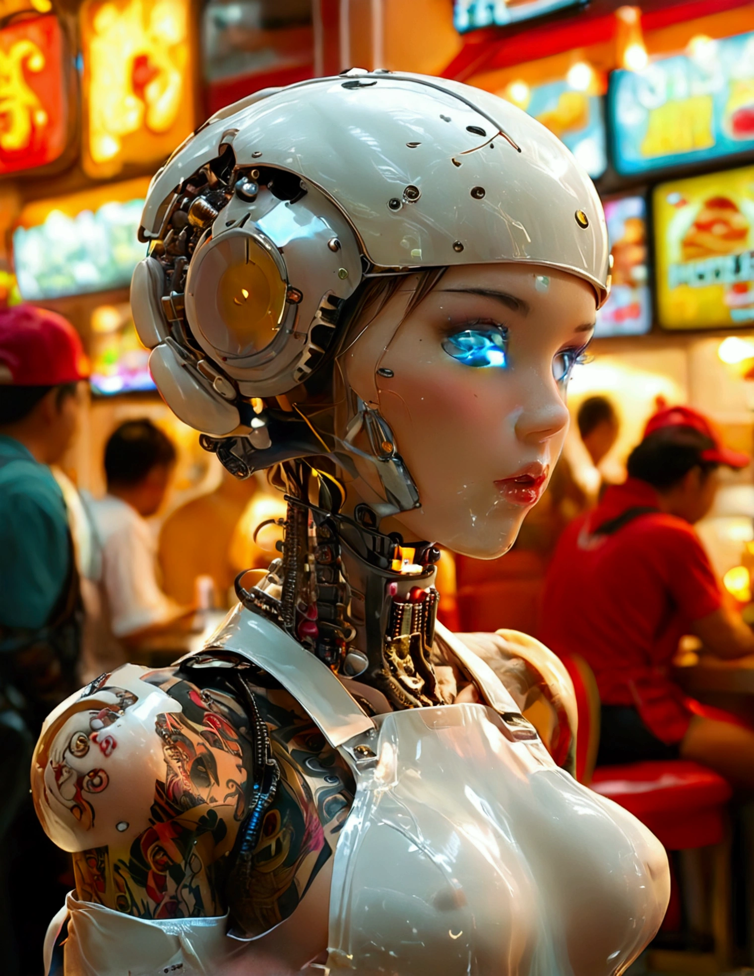 A cute android (giga busty, neon backlit eyes, clearly mechanical joints, apron and cap, nude) is a fast food worker at 'Puny Humans', a fully automated fast food restaurant. Crowded with chubby Asians