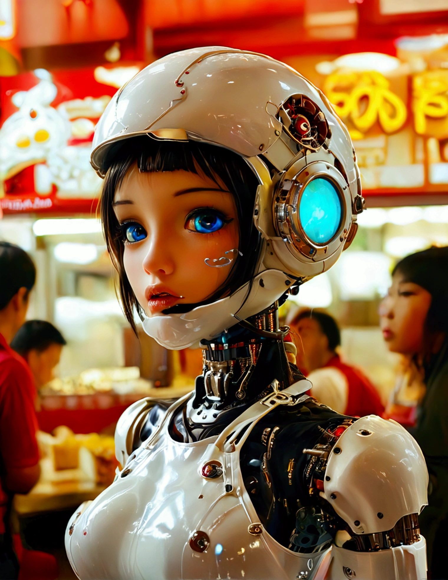A cute android (giga busty, neon backlit eyes, clearly mechanical joints, apron and cap, nude) is a fast food worker at 'Puny Humans', a fully automated fast food restaurant. Crowded with chubby Asians
