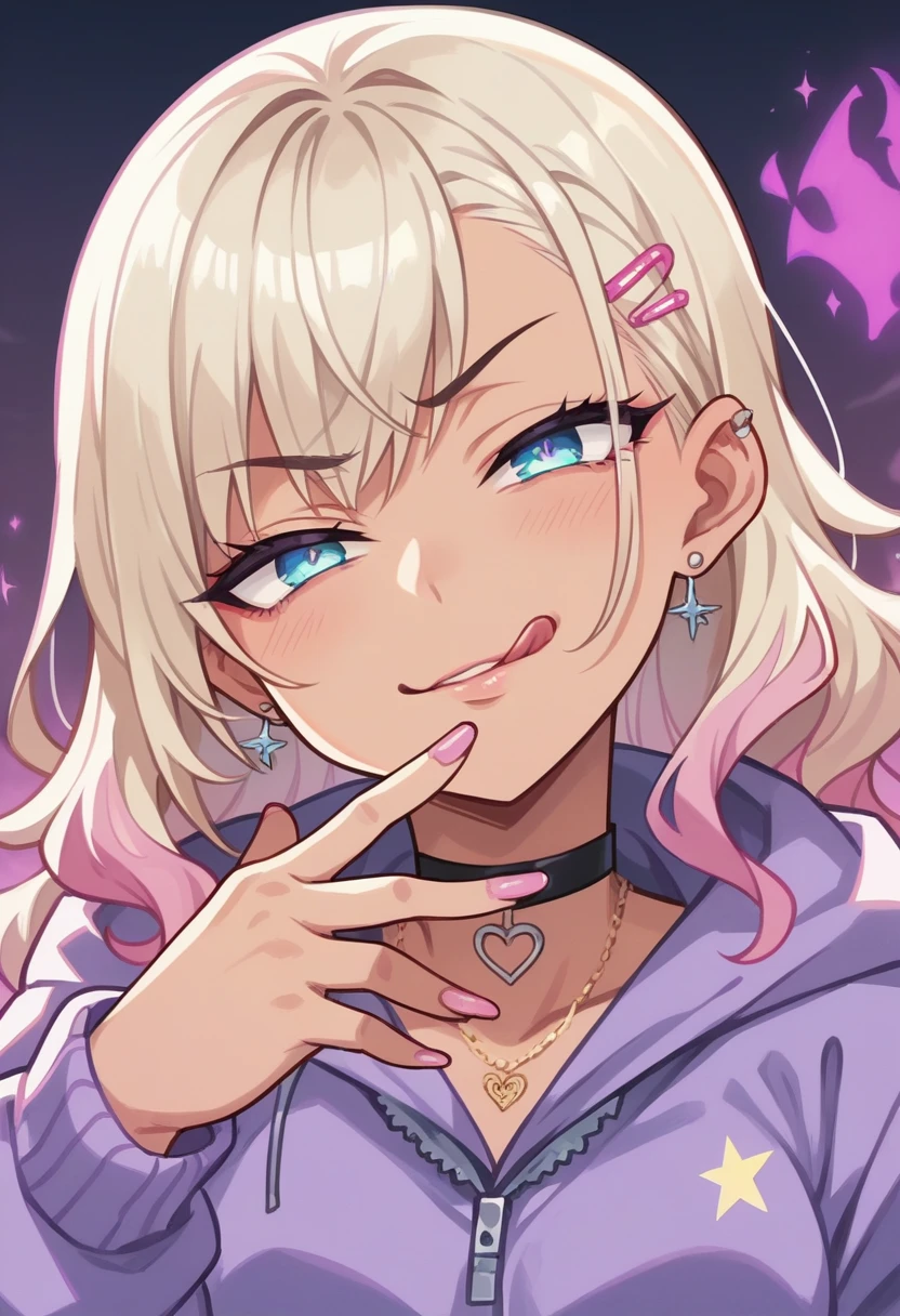 best quality, anime screencap, 1girl, gyaru, platinum-blonde hair, pink highlights, blue eyes, icy eyes, licking lips, finger on lips, smug expression, upper body, dark aura, purple mist,