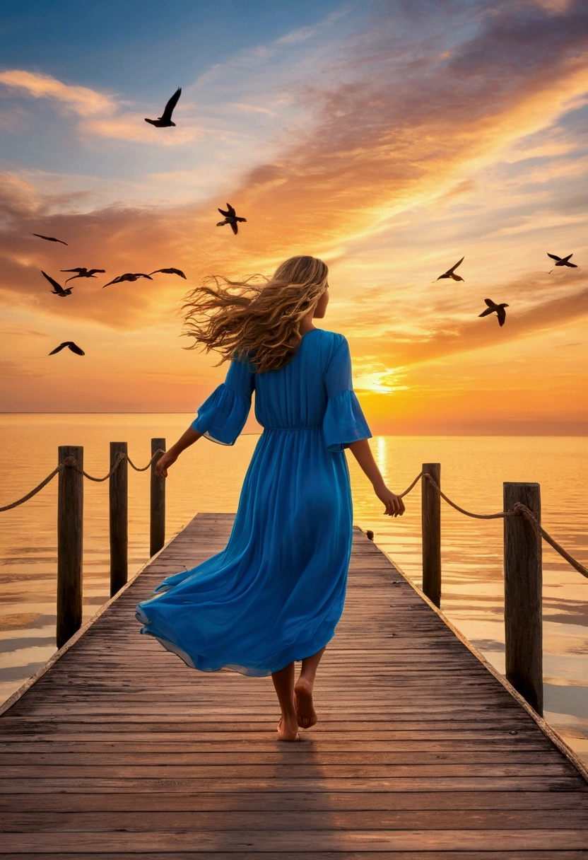 "A serene sunset over the ocean with vibrant, colorful skies and scattered clouds. A young woman in a flowing blue dress walks on a pier towards the horizon. She holds a small bag in one hand, her hair gently blowing in the wind. Birds are flying in the distance, adding to the peaceful and dreamy atmosphere. The scene is bathed in warm, golden light, reflecting off the calm waters and enhancing the tranquil ambiance."

