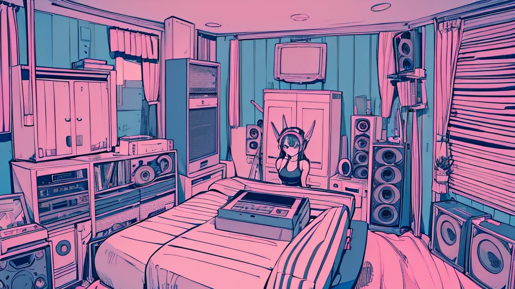 Best quality, (masterpiece), best detail face,1 girl, big breasts, 18 yo, 8k,absurdres,unity 8k wall paper,(extremely detailed:1.3), highest realistic, (retro headphones:), (psychedelic), Her room full of music equipment and records, sports wear , See the whole room, She is at the end of the room, natural color palette