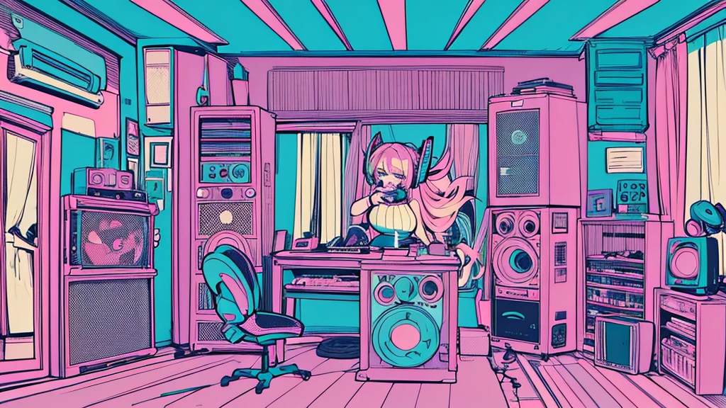 Best quality, (masterpiece), best detail face,1 girl, big breasts, 18 yo, 8k,absurdres,unity 8k wall paper,(extremely detailed:1.3), highest realistic, (retro headphones:), (psychedelic), Her room full of music equipment and records, sports wear , See the whole room, She is at the end of the room, natural color palette