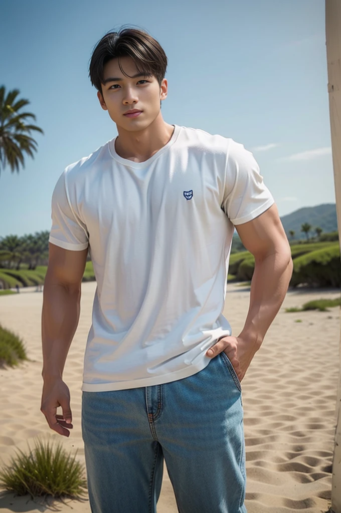 A young Asian man stands, handsome, muscular, looking at the camera. In a plain white t-shirt , Fieldside, grass, beach, sunlight