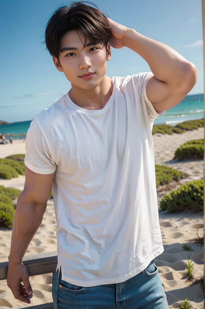 A young Asian man stands, handsome, muscular, looking at the camera. In a plain white t-shirt , Fieldside, grass, beach, sunlight