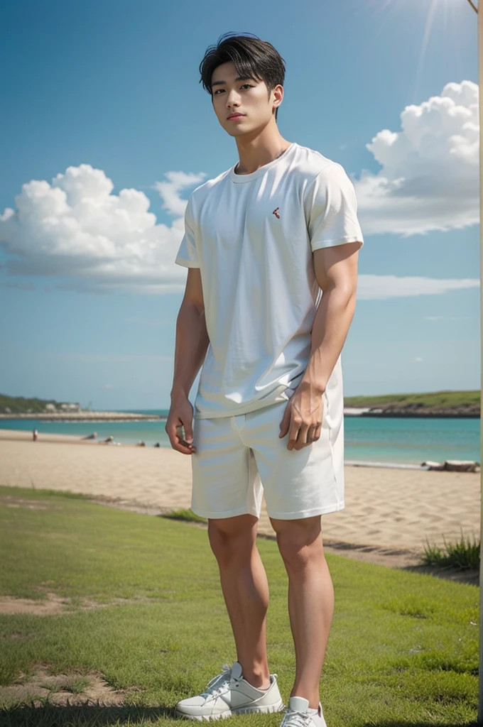 A young Asian man stands, handsome, muscular, looking at the camera. In a plain white t-shirt , Fieldside, grass, beach, sunlight