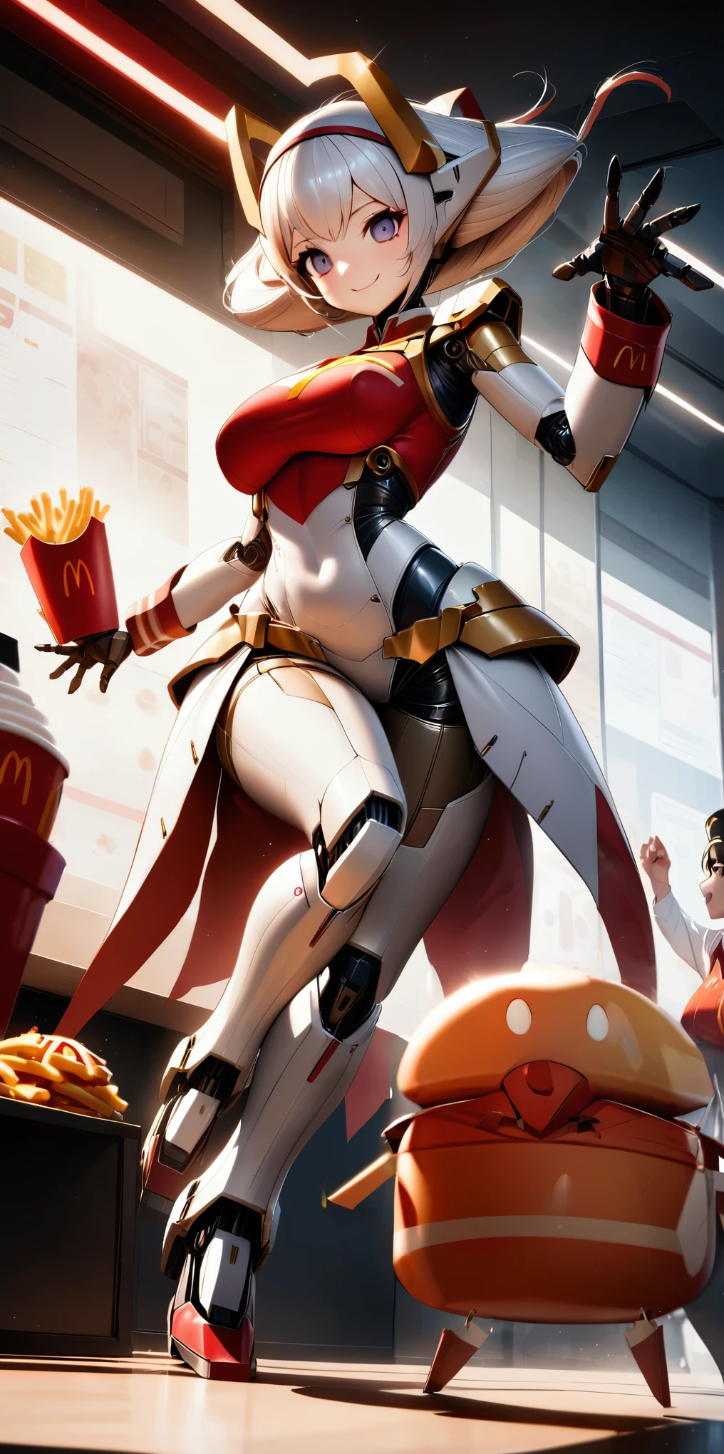 
quality\(8k,wallpaper of extremely detailed CG unit, ​masterpiece,hight resolution,top-quality,top-quality real texture skin,hyper realisitic,increase the resolution,RAW photos,best qualtiy,highly detailed,the wallpaper,cinematic lighting,ray trace,golden ratio\), BREAK , 1girl\((robot),(mecha),android,clerk\(McDonald's\),smile,wearing uniform\(McDonald's\),eye shining,metalic hair,metaric skin,(moving so fast),(motion blur:1.2),cute,big,serving humberger and Macshake and Potato_fries,\),background\(inside shop\(McDonald's\),many customers\(human\)\),(dynamic pose),(dinamic angle),(full body:1.3)