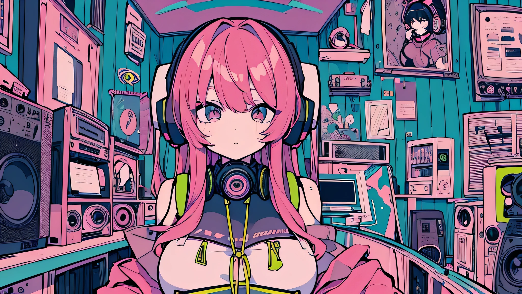 Best quality, (masterpiece), best detail face,1 girl, big breasts, 18 yo, 8k,absurdres,unity 8k wall paper,(extremely detailed:1.3), highest realistic, (retro headphones:), (psychedelic), Her room full of music equipment and records, sports wear , See the whole room, She is at the end of the room, natural color palette
