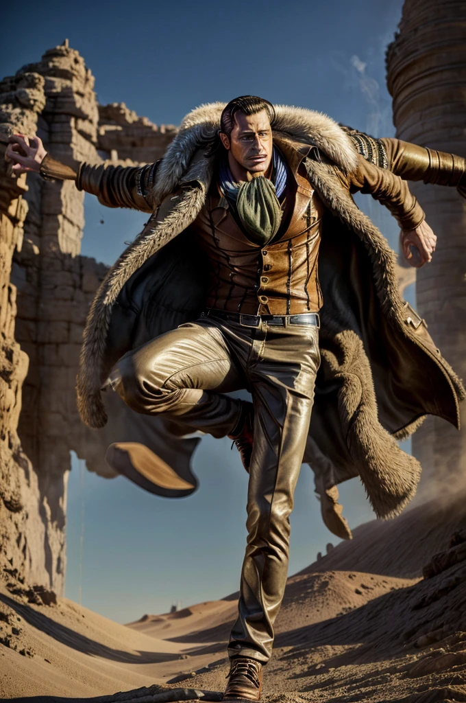 masterpiece, best quality, extremely detailed, hyperrealistic, photorealistic, a cool 40s man, ultra detailed face:1.2, fur-trimmed coat, scarf around the neck, his left hand is a golden pirate hook:1.1, desert, artistic jump, strenuous movements, dynamic angle
