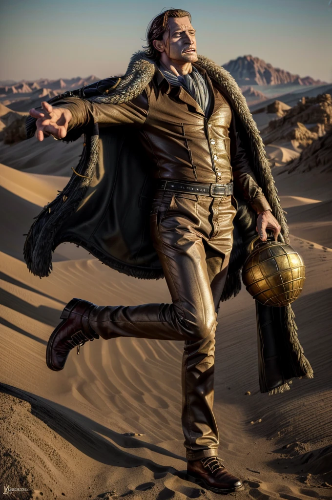 masterpiece, best quality, extremely detailed, hyperrealistic, photorealistic, a cool 40s man, ultra detailed face:1.2, fur-trimmed coat, scarf around the neck, his left hand is a golden pirate hook:1.1, desert, artistic jump, strenuous movements, dynamic angle