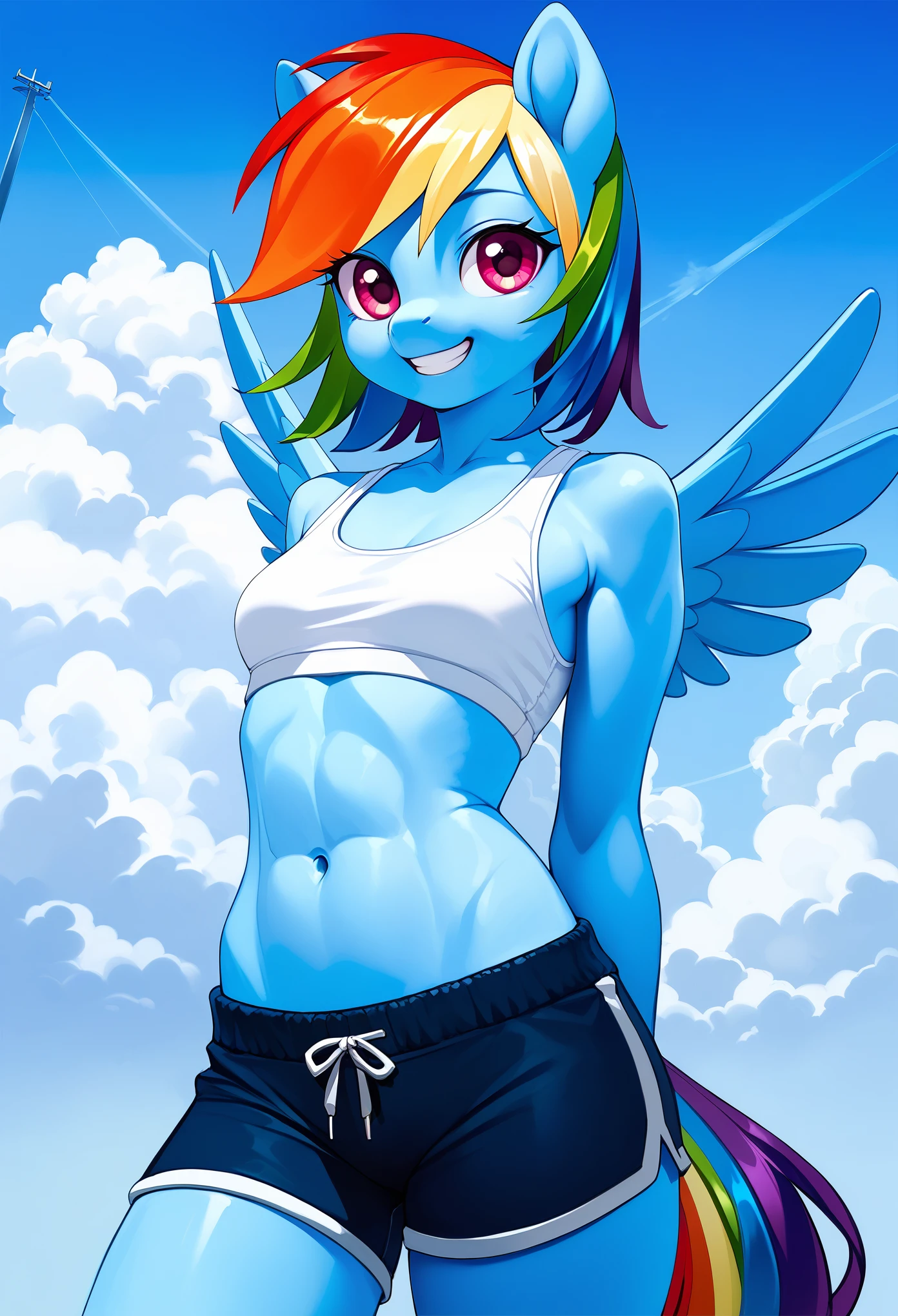 score_9, score_8_up, score_7_up, score_6_up, rainbow dash, pony, furry, blue skin, small wings, multicolored hair, anthro, pony face, white crop top, (toned:0.5), smile, small breasts, gym shorts, medium hair, blue sky