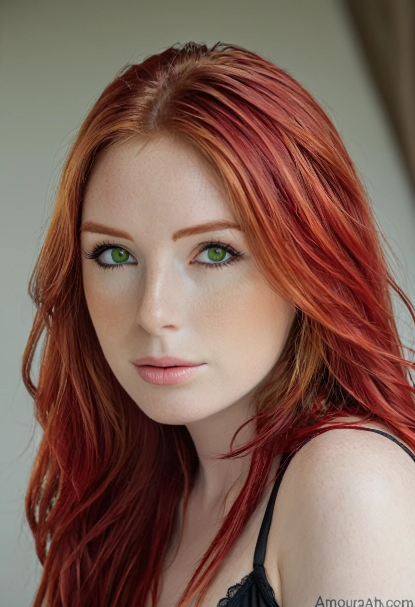 there is a woman with red hair and a black bra top, she has long redorange hair, red hair and attractive features, better known as amouranth, she has red hair, she is redhead, with red hair, erza scarlet as a real person, red haired goddess, with red hair and green eyes, red head, redhead girl