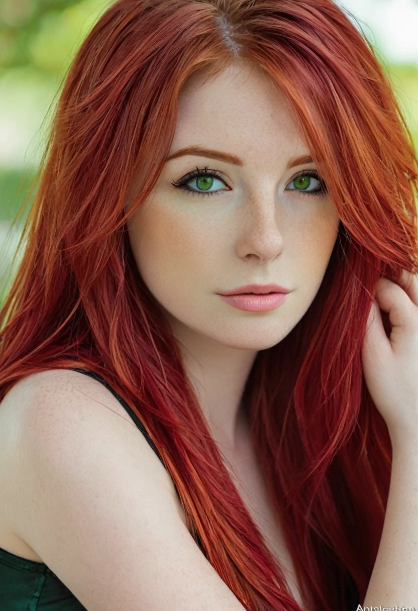 there is a woman with red hair and a black bra top, she has long redorange hair, red hair and attractive features, better known as amouranth, she has red hair, she is redhead, with red hair, erza scarlet as a real person, red haired goddess, with red hair and green eyes, red head, redhead girl