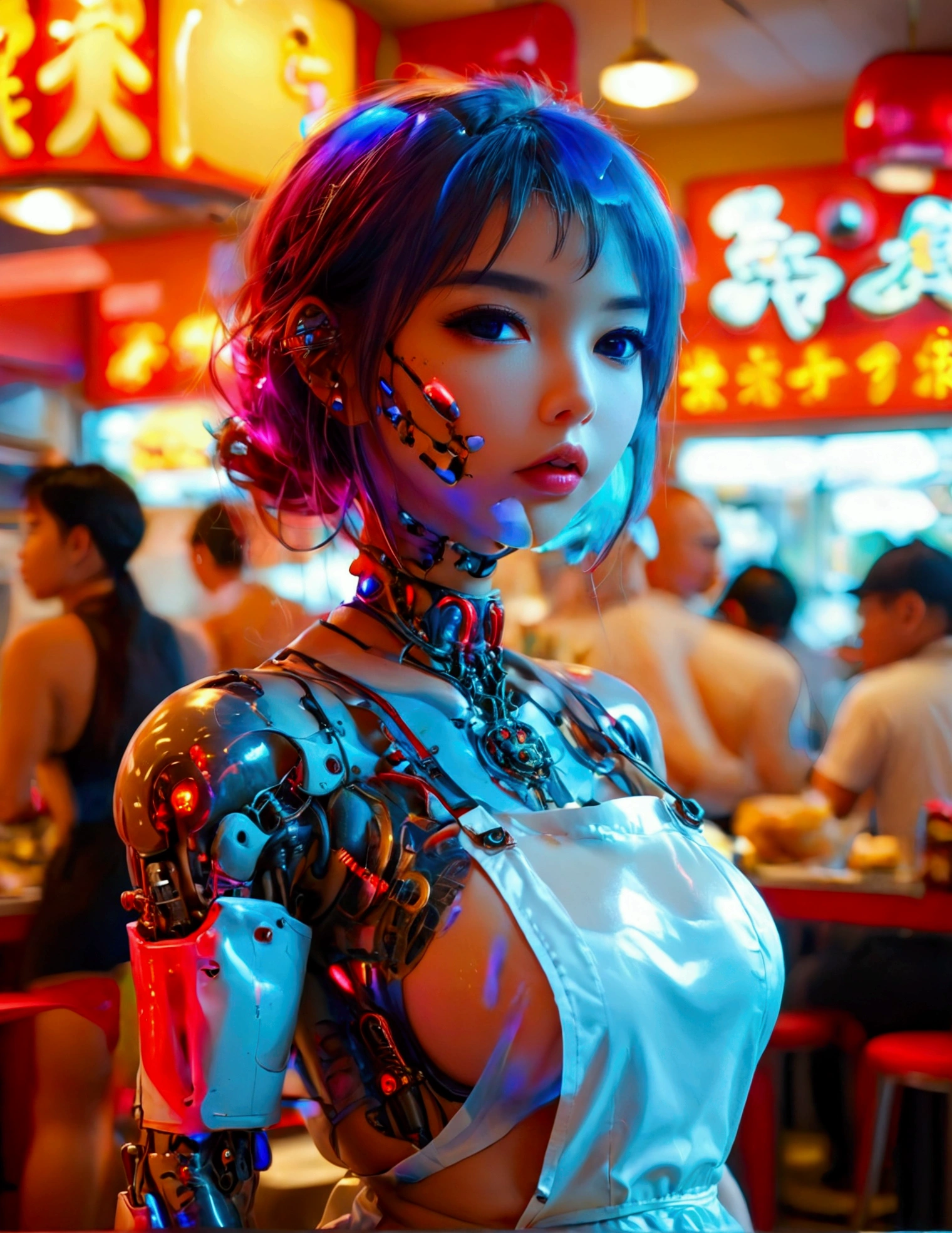 A cute android (giga busty, neon backlit eyes, clearly mechanical joints, apron and cap, nude) is a fast food worker at 'Puny Humans', a fully automated fast food restaurant. Crowded with chubby Asians