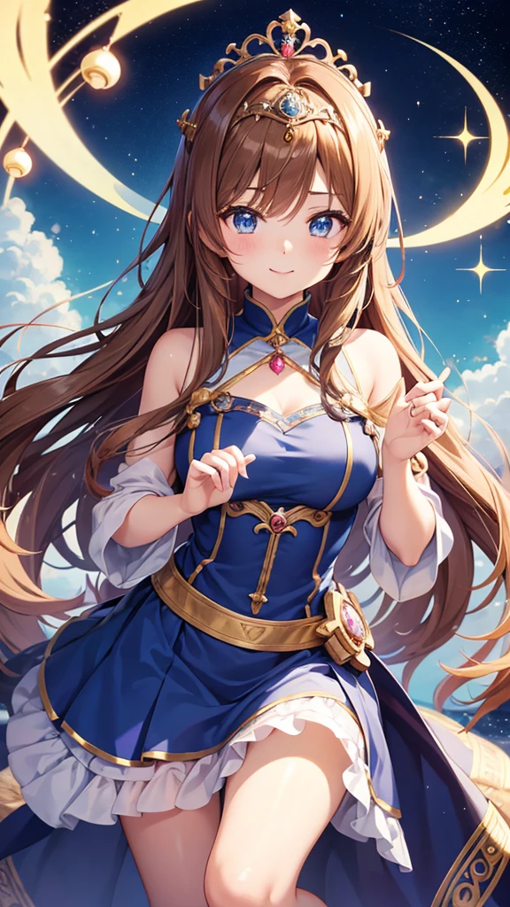 A girl with long brown hair, a goddess, anime style, a cute girl like an angel, a girl with a gentle smile, a fortune teller with a light in her hand, and a 14 year old surrounded by natural stones. Love fortune teller. A sparkling royal sky blue pearl dress and a tiara on her head. There is a goddess, there is an anime-style girl, there is a fortune teller, there is a magical girl, the background is a chapel, high quality, high resolution, 8K, there are 5 fingers on the left and right.