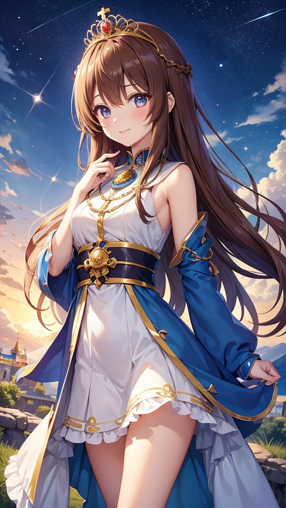 A girl with long brown hair, a goddess, anime style, a cute girl like an angel, a girl with a gentle smile, a fortune teller with a light in her hand, and a surrounded by natural stones. Love fortune teller. A sparkling royal sky blue pearl dress and a tiara on her head. There is a goddess, there is an anime-style girl, there is a fortune teller, there is a magical girl, the background is a chapel, high quality, high resolution, 8K, there are 5 fingers on the left and right.