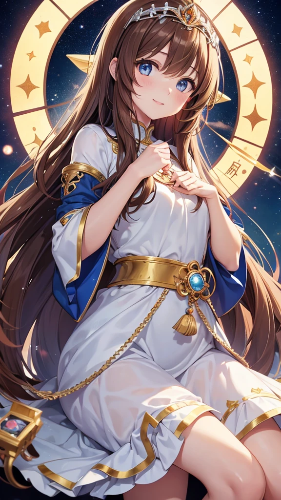 A girl with long brown hair, a goddess, anime style, a cute girl like an angel, a girl with a gentle smile, a fortune teller with a light in her hand, and a  surrounded by natural stones. Love fortune teller. A sparkling royal sky blue pearl dress and a tiara on her head. There is a goddess, there is an anime-style girl, there is a fortune teller, there is a magical girl, the background is a chapel, high quality, high resolution, 8K, there are 5 fingers on the left and right.