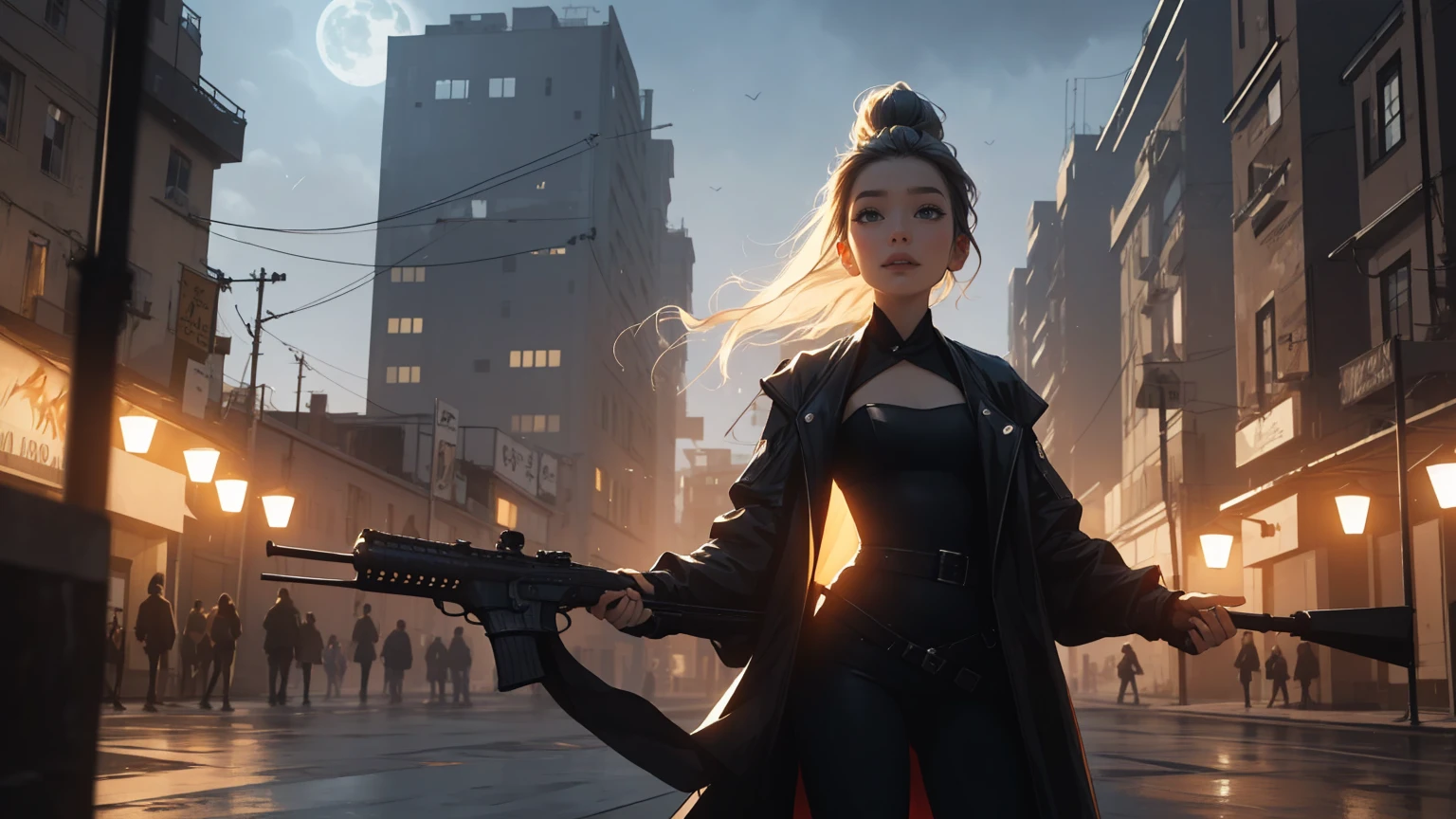 (beste-Qualit)),Cyborg girl in cyborg style，grey hair，Long ponytail hairstyle，(((upper body, a woman stands in a city, dark sky, high buildings, storm, aiming with rifle))), beautiful eyes, beautiful girl, highly detailed skin, highly detailed eyes, Highly detailed hair, highres, extremely detail, Sharpen image, muito detalhado, ​masterpiece, best quality, photorealestic, 1 girl, shorth hair, cyberpunk, jacket, armor, gloves, belt, lederhosen, glowing, Size, tube top, Decollete, holding pistol, rifle,、PBR-Textur、Aftercare、Anisotropy filtering、deep champaximum definition and sharpnesulti-channel textures、Albedo and specular maps、Surface coloring、Precise simulation of the interaction between light and matter、proporções perfeitas、I make octane、two-tone light、big opening、Low ISO、White balance、the rule of thirds、8K RAW、. She is in a dynamic, action-oriented pose, holding dual daggers with an ethereal glow. The background should be a dark, mystical forest or an ancient, ruined temple, with a moonlit sky casting an eerie glow. The overall style should reflect the detailed, fantasy-rich art of Lineage 2, with vibrant colors, dramatic lighting, and a sense of magical realism.、permission 8k、complex parts、Toned waist、Wide buttocks、Эффект Тиндаллаmasuter piece、top quality、Highest standards、Highest image quality、table、complex parts、A high resolution、depth of field、natural soft light、professional lighting、about, standing, very long hair, cowboy shot, brilliant, brilliant hair, (night:1.2),Dreamy, [[gentle fingers and hands:0.55]::0.85],(detailed fingers),),(emotional),(breathtaking),(main part:1.2) whole body.), (Anime Style), (Super Detailed), (brutal), (uhd, HDR), (8K), (High Resolution: 1.2), (Complex and Beautiful: 1.2)