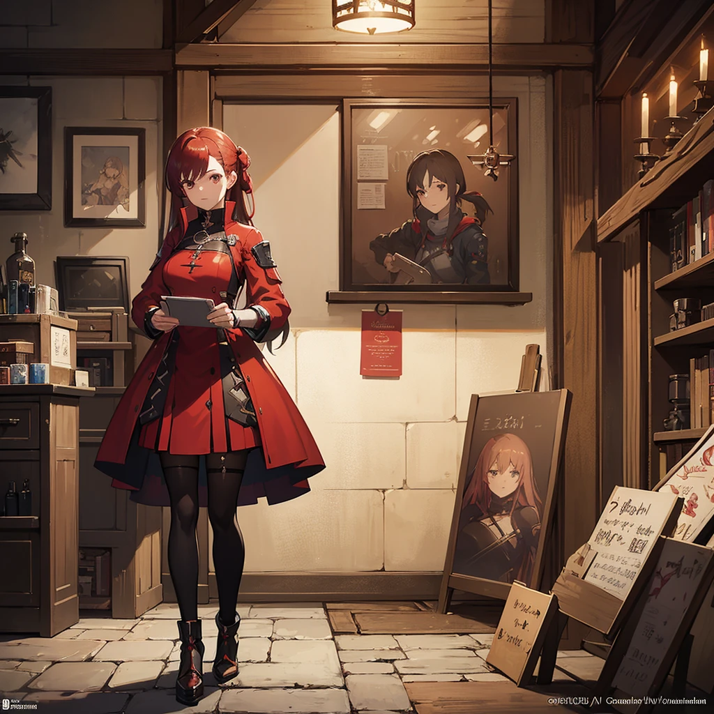 a woman in a red dress holding a book and a glass, alchemist girl, official character art, cushart krenz arte chave feminino, female protagonist 👀 :8, dos arknights, cyborg merchant girl, by Akihiko Yoshida, she is in the potions workshop, I'm going to make fanart too, female blacksmith, trends on artstation pixiv