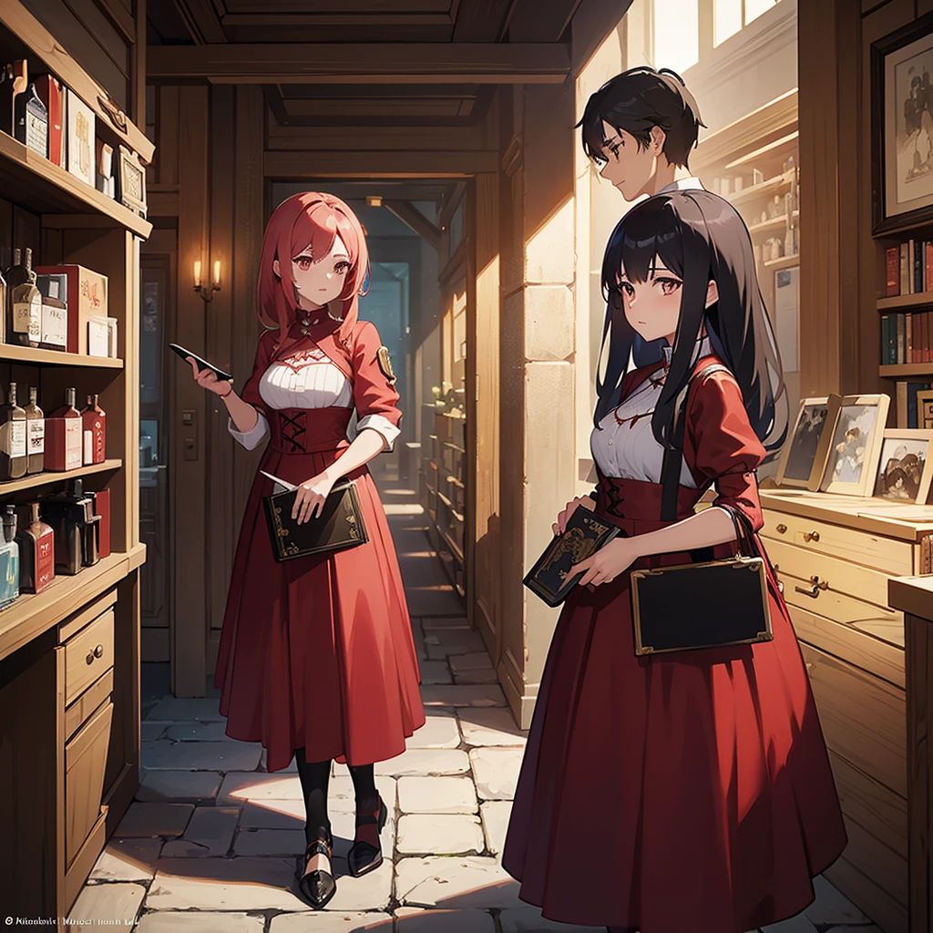 a woman in a red dress holding a book and a glass, alchemist girl, official character art, cushart krenz arte chave feminino, female protagonist 👀 :8, dos arknights, cyborg merchant girl, by Akihiko Yoshida, she is in the potions workshop, I&#39;m going to make fanart too, female blacksmith, trends on artstation pixiv