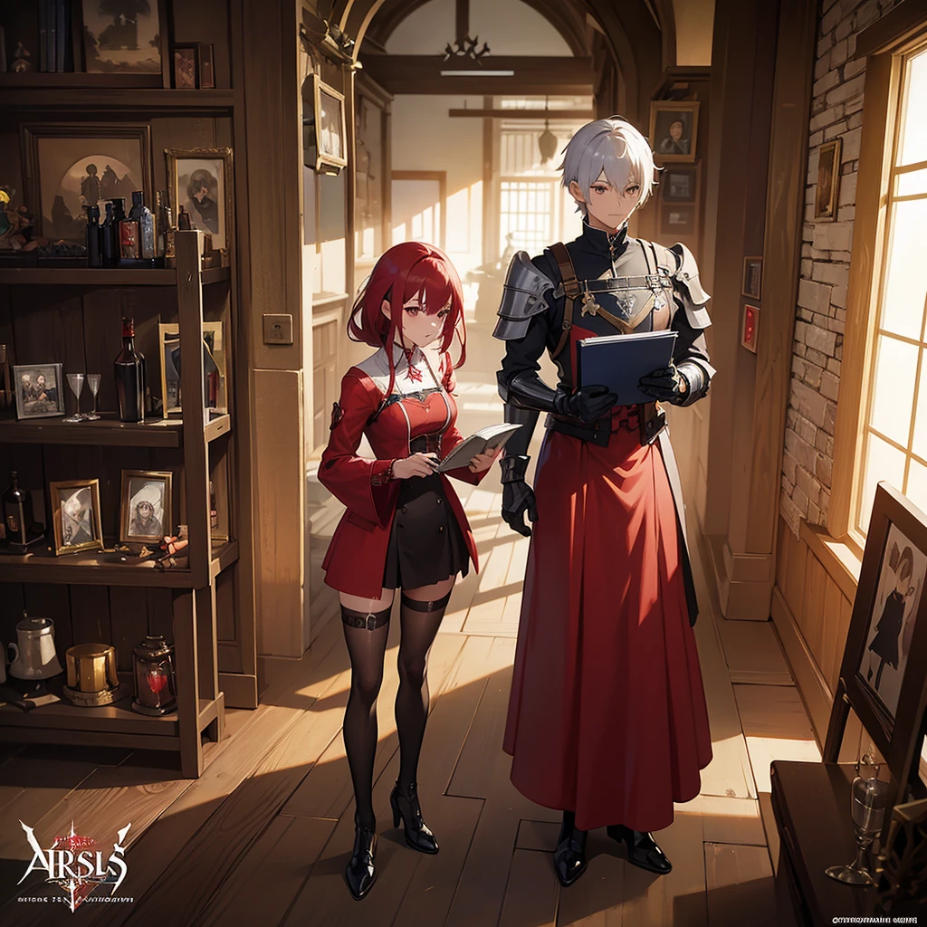 a woman in a red dress holding a book and a glass, alchemist girl, official character art, cushart krenz arte chave feminino, female protagonist 👀 :8, dos arknights, cyborg merchant girl, by Akihiko Yoshida, she is in the potions workshop, I&#39;m going to make fanart too, female blacksmith, trends on artstation pixiv