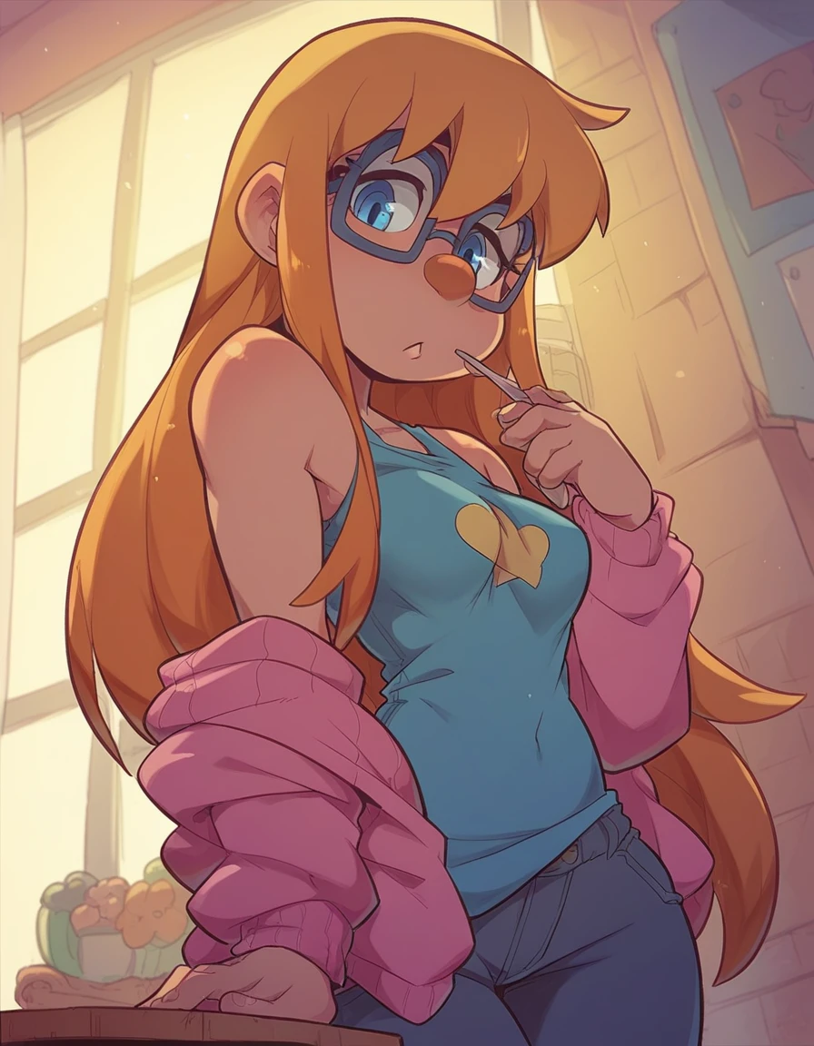 Ralph Bakshi Style, curvy big nose long haired dirtyblonde small breasts spotty girl with blue eyes and glasses