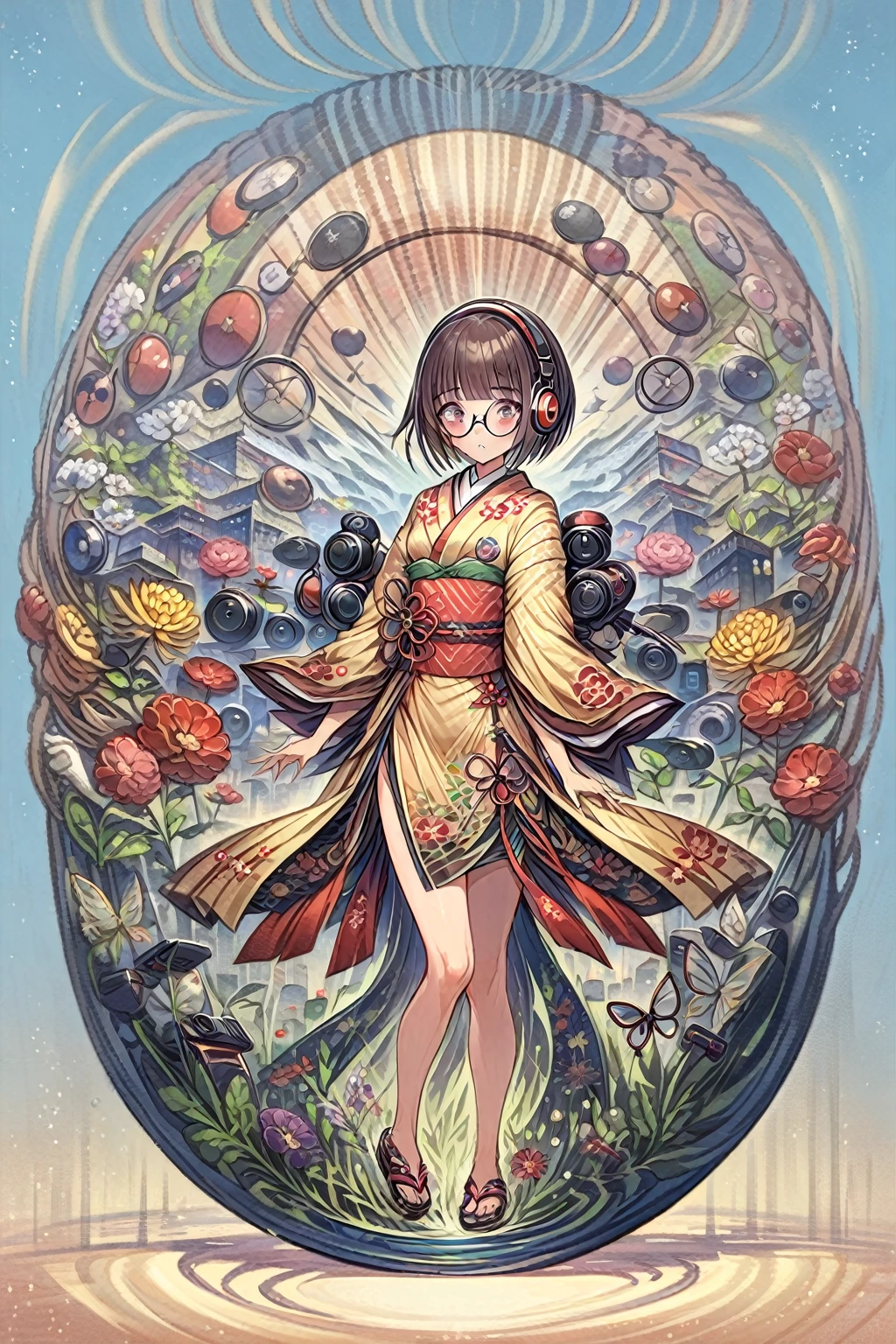 (extremely detailed fine touch:1.3), (((semi-rimless round eyewear:1.3))), (headphone:1.2), short hair, blunt bangs, 1 girl, full body, kimono