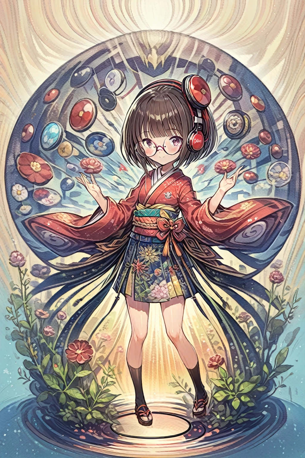 (extremely detailed fine touch:1.3), (((semi-rimless round eyewear:1.3))), (headphone:1.2), short hair, blunt bangs, 1 girl, full body, kimono