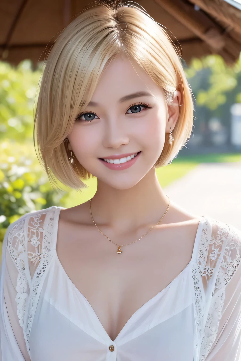 young woman、Blonde、Short Haircut、、ear piercing、Necklace around the neck、blouse、Emphasize the chest、smile、Beautiful teeth alignment、Intricate details, Very detailed:1.2), 、 Looking into the camera、The background is the office
