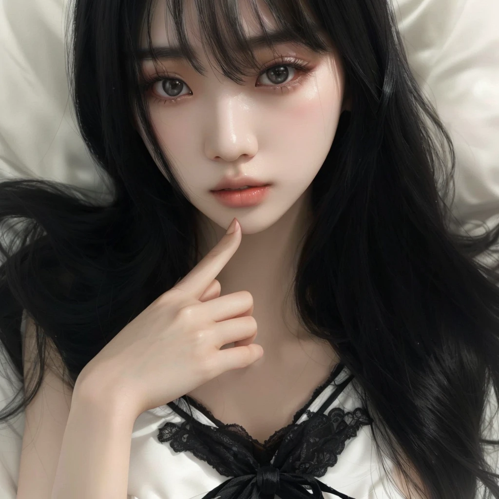 araffed asian woman with long black hair and a white dress, ulzzang, korean girl, she has black hair with bangs, cruel korean gothic girl, beautiful south korean woman, Jang Wonyoung, Beautiful young Korean woman, Beautiful young Korean woman, with long hair and piercing eyes, pale korean adorable face, Asian girl, with very thin lips