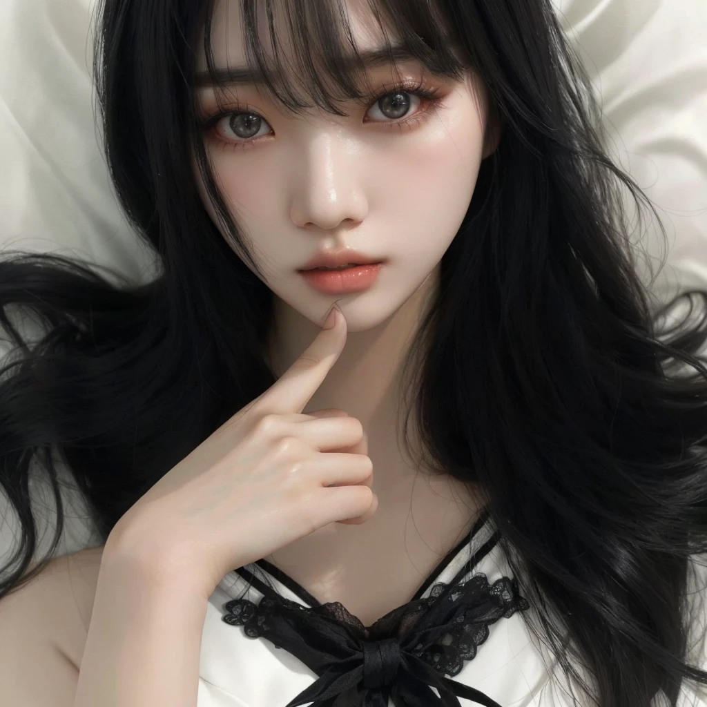 araffed asian woman with long black hair and a white dress, ulzzang, korean girl, she has black hair with bangs, cruel korean gothic girl, beautiful south korean woman, Jang Wonyoung, Beautiful young Korean woman, Beautiful young Korean woman, with long hair and piercing eyes, pale korean adorable face, Asian girl, with very thin lips