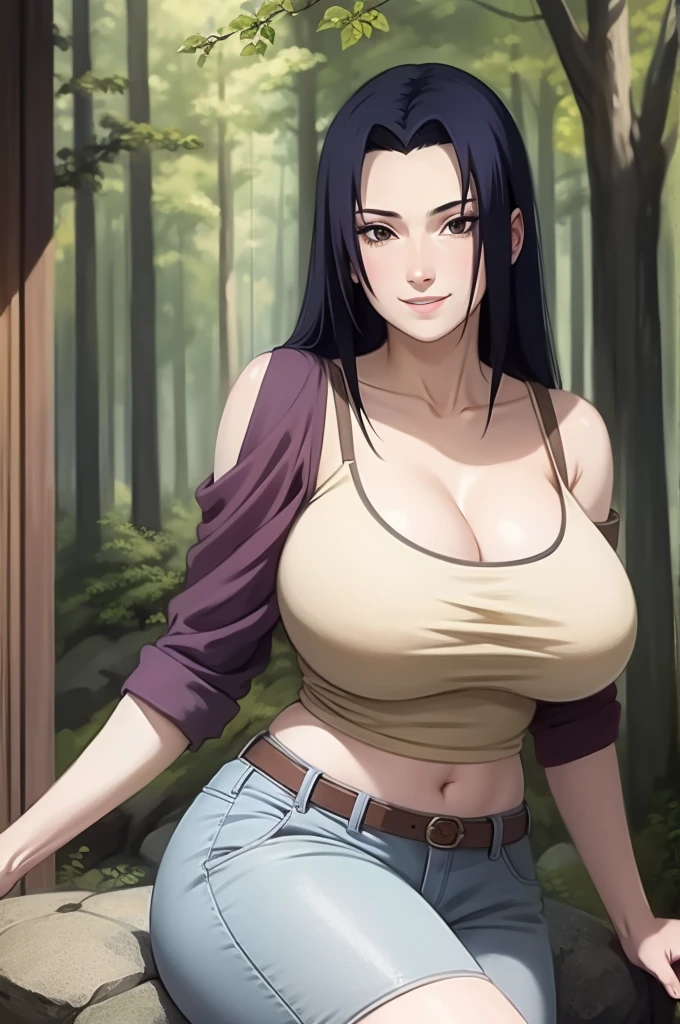 Mikoto Uchiha, oil painting, highly detailed, realistic, portrait, bright colors, soft lighting, (best quality, 4k,8k, height, masterpiece: 1.2), (big round breasts: 1.5), professional, long black hair, eyes black, beautiful detailed eyes and face, very detailed smile, long eyelashes, sitting on a rock, looking towards the viewer, very short top, big butt, bare shoulders, white shorts, outdoors, forest, cowboy shot, collarbone.