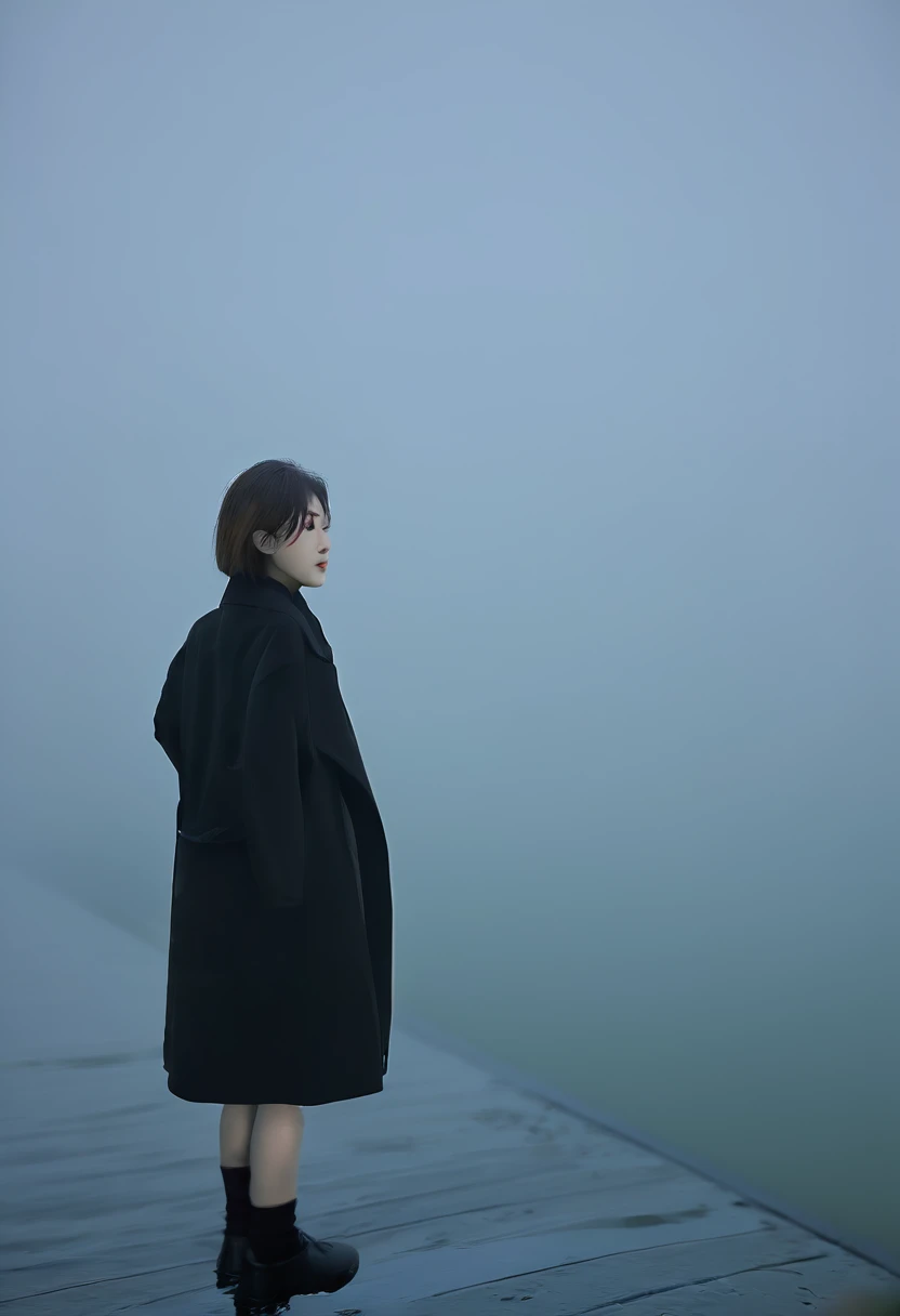 Korean woman,Short hair, black coat, cool,rain,blur,Fog,middle,cool,boring,,pier,only,Coast, The dim light shines in the Fog,and the figure stands in the Fog holding , 짙은 Fog 속에 멀리 등대가 희미하게 보인다