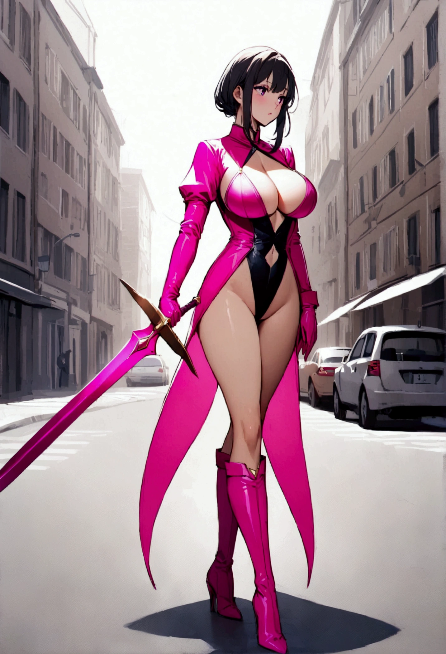 perfect and beautiful face, beautiful girl in  hot pink pointed toe stiletto knee high boots, standing on street with sword in her hands ,, leatgher gloves on, big breasts and buts