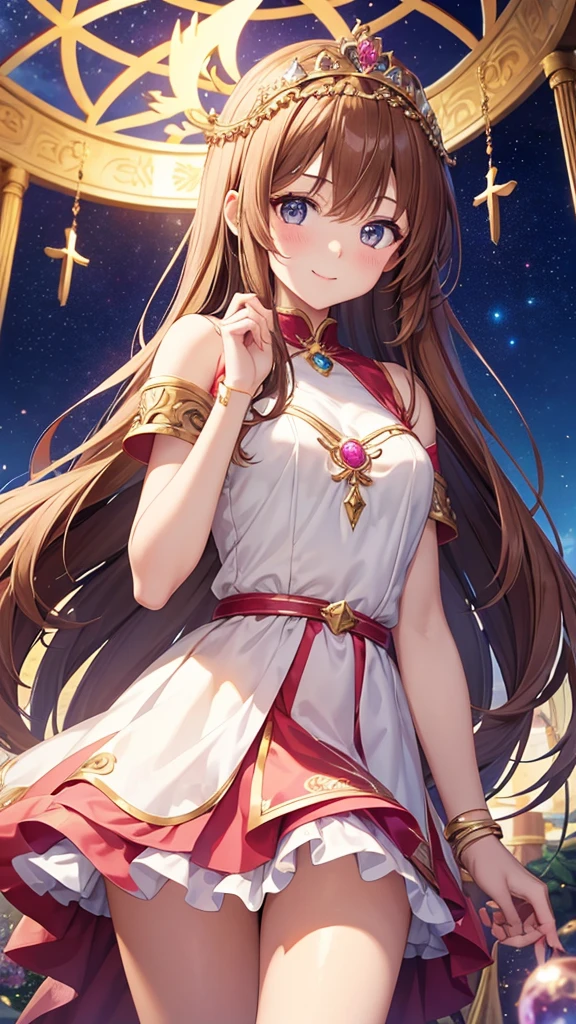 A girl with long brown hair, a goddess, anime style, a cute girl like an angel, a girl with a gentle smile, a fortune teller with a light in her hand, and a  surrounded by natural stones. Love fortune teller. A sparkling royal pink pearl dress and a tiara on her head. There is a goddess, there is an anime-style girl, there is a fortune teller, there is a magical girl, the background is a chapel, high quality, high resolution, 8K, there are 5 fingers on the left and right.