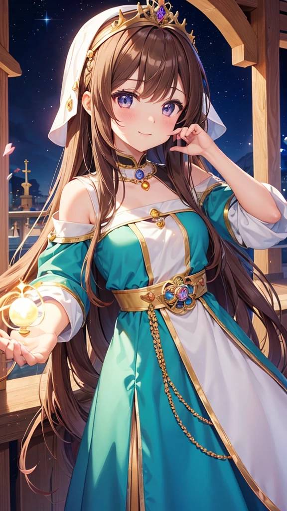 A girl with long brown hair, a goddess, anime style, a cute girl like an angel, a girl with a gentle smile, a fortune teller with a light in her hand, and a 14 year old surrounded by natural stones. Love fortune teller. A sparkling royal sky blue pearl dress and a tiara on her head. There is a goddess, there is an anime-style girl, there is a fortune teller, there is a magical girl, the background is a chapel, high quality, high resolution, 8K, there are 5 fingers on the left and right.