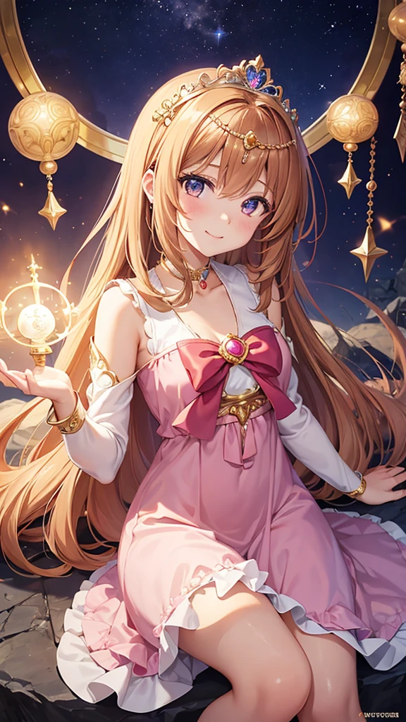 A girl with long brown hair, a goddess, anime style, a cute girl like an angel, a girl with a gentle smile, a fortune teller with a light in her hand, and a 14 year old surrounded by natural stones. Love fortune teller. A sparkling royal pink pearl dress and a tiara on her head. There is a goddess, there is an anime-style girl, there is a fortune teller, there is a magical girl, the background is a chapel, high quality, high resolution, 8K, there are 5 fingers on the left and right.