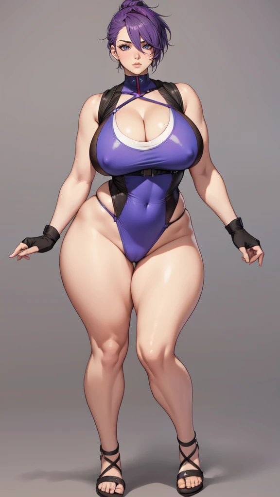 (masterpiece), best quality, female warrior, huge girl, female muscular:1.2, (curvy:1.7), (((blank background))), ((full body)), fingerless gloves, sandals, sleeveless, covered nipples, ((buzzcut hairstyle)), purple hair, hair over eyes, ((very big legs:1.4)), ((camel toe)), (cleavage)
