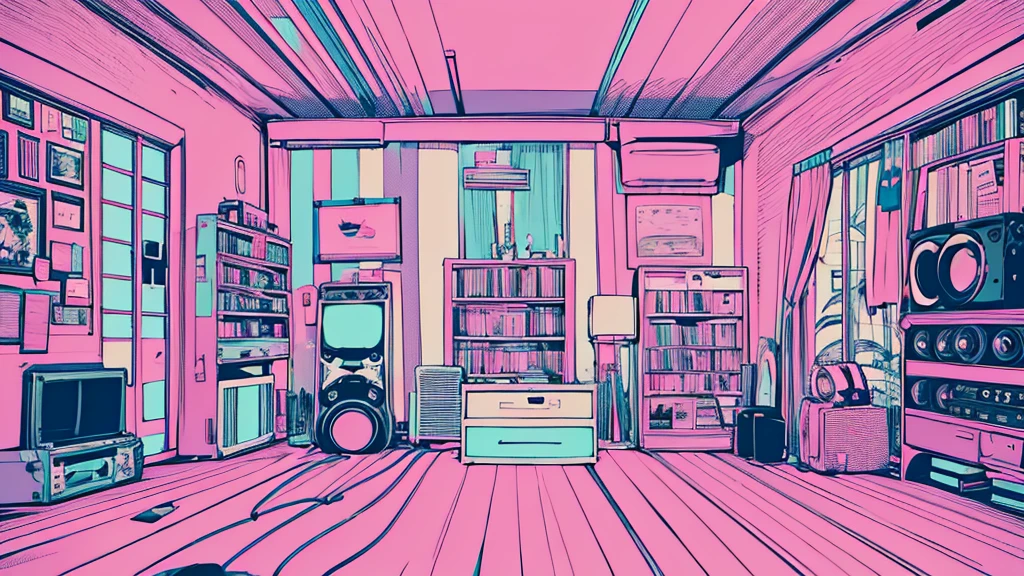 Best quality, (masterpiece), best detail face,1 girl, big breasts, 18 yo, 8k,absurdres,unity 8k wall paper,(extremely detailed:1.3), highest realistic, (retro headphones:), (psychedelic), Her room full of music equipment and records, sports wear , See the whole room, She is at the end of the room, natural color palette