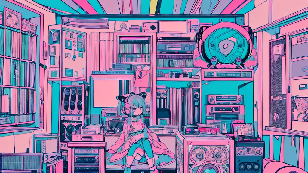 Best quality, (masterpiece), best detail face,1 girl, big breasts, 18 yo, 8k,absurdres,unity 8k wall paper,(extremely detailed:1.3), highest realistic, (retro headphones:), (psychedelic), Her room full of music equipment and records, sports wear , See the whole room, She is at the end of the room, natural color palette
