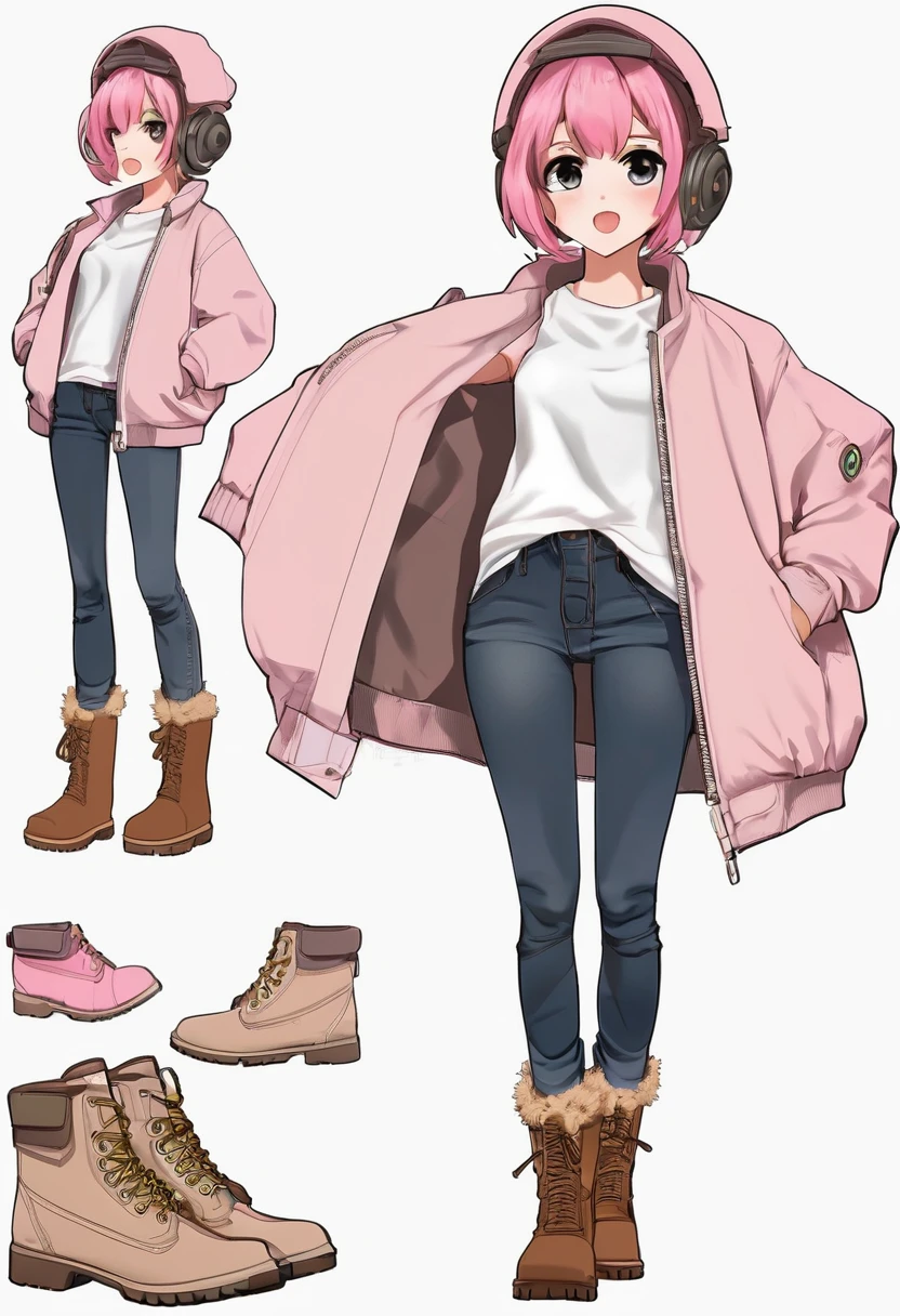 model reference sheet of anime girl, chibi, pink short hair, semi-realistic, round eyes, close mouth smile, light pink bomber jacket, white t-shirt underneath jacket, light denim jeans, brown uggs boots, white background, turnaround, front-side-back, big shoes and hands, arms spread wide