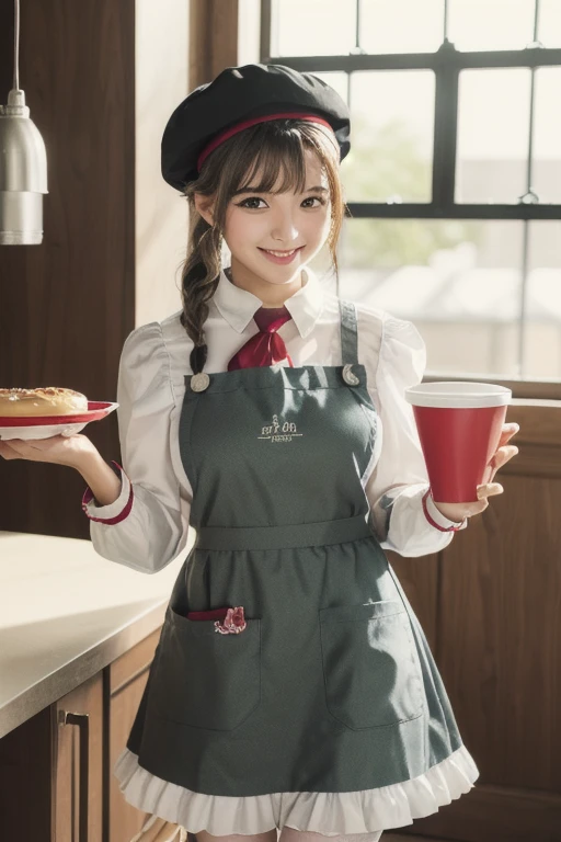 (\nuo ai er\),1girl,noelle \(genshin impact\),solo,green eyes,official alternate costume,breasts,burger,hat,braid,apron,smile,grey hair,looking at viewer,long sleeves,food,employee uniform,holding,black headwear,beret,bangs,dress,ascot,red ascot,:d,black dress,uniform,tray,puffy sleeves,waist apron,cup,braided bangs,disposable cup,white apron,pantyhose,blurry,short hair,frills,sparkle,indoors,