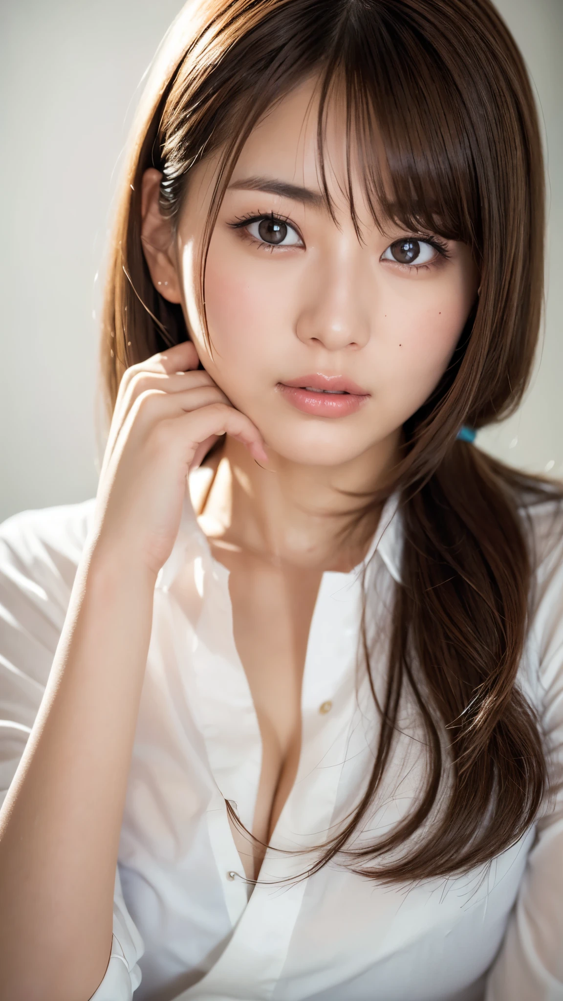 (masterpiece),(Highest quality),(Very detailed),(High resolution),(Photorealistic Stick),(RAW Photos),16K,Cinema Lighting,a close up of a woman with a white shirt on posing for a picture,Soft Portrait Photography,Beautiful Japanese Women,(Japanese gal style),Gorgeous face portrait,Eye light,Sharp pupils,Very beautiful face,(Skin Texture:1.2),Beautiful portrait,A lovely and delicate face,Beautiful young Japanese woman,Random hairstyle,Look at this,(Written boundary depth),(Sophisticated lighting:1.2),(front),(((Background is white)))