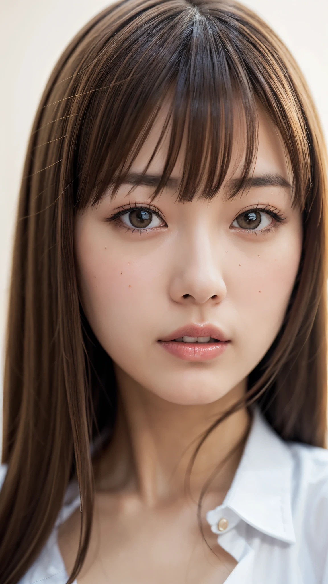 (masterpiece),(Highest quality),(Very detailed),(High resolution),(Photorealistic Stick),(RAW Photos),16K,Cinema Lighting,a close up of a woman with a white shirt on posing for a picture,Soft Portrait Photography,Beautiful Japanese Women,(Japanese gal style),Gorgeous face portrait,Eye light,Sharp pupils,Very beautiful face,(Skin Texture:1.2),Beautiful portrait,A lovely and delicate face,Beautiful young Japanese woman,Random hairstyle,Look at this,(Written boundary depth),(Sophisticated lighting:1.2),(front),(((Background is white)))